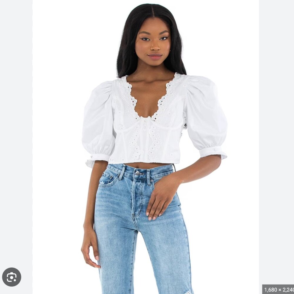 For Love And Lemons White Eyelet Puff Sleeve Crop Top